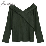 Simshion Women Green Vintage Faux Fur Shirts Autumn Plain Long Sleeves Spliced Blouses Tops Female Casual V-neck Shirt 2017
