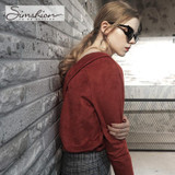 Simshion Women Green Vintage Faux Fur Shirts Autumn Plain Long Sleeves Spliced Blouses Tops Female Casual V-neck Shirt 2017