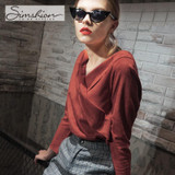 Simshion Women Green Vintage Faux Fur Shirts Autumn Plain Long Sleeves Spliced Blouses Tops Female Casual V-neck Shirt 2017