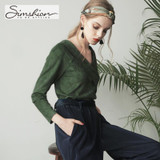 Simshion Women Green Vintage Faux Fur Shirts Autumn Plain Long Sleeves Spliced Blouses Tops Female Casual V-neck Shirt 2017