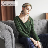 Simshion Women Green Vintage Faux Fur Shirts Autumn Plain Long Sleeves Spliced Blouses Tops Female Casual V-neck Shirt 2017