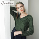 Simshion Women Green Vintage Faux Fur Shirts Autumn Plain Long Sleeves Spliced Blouses Tops Female Casual V-neck Shirt 2017