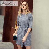 Simshion 2017 Women Casual Striped Dress Summer Short Sleeve Sashes Style Dresses For Female O-neck Straight Mini Party Vestidos