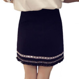 SIMPVALE Retro Women Embroidery Tassel Mini Skirts Female High Waist A-line Short Skirt Solid Color Patchwork Skirt Above Knee
