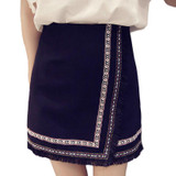 SIMPVALE Retro Women Embroidery Tassel Mini Skirts Female High Waist A-line Short Skirt Solid Color Patchwork Skirt Above Knee