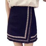 SIMPVALE Retro Women Embroidery Tassel Mini Skirts Female High Waist A-line Short Skirt Solid Color Patchwork Skirt Above Knee