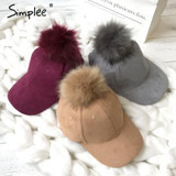 Simplee Winter pompom pink suede baseball cap Women autumn casual streetwear black cap 2017 Elegant female hat cap