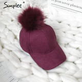 Simplee Winter pompom pink suede baseball cap Women autumn casual streetwear black cap 2017 Elegant female hat cap
