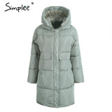 Simplee Winter padded hooded coat parka Women casual pocket warm outerwear parkas Zipper streetwear parka overcoat female