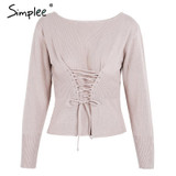 Simplee Waistband lace up knitted sweater women jersey Round neck casual knitting jumper Winter sweater pullover female 2017