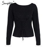 Simplee Waistband lace up knitted sweater women jersey Round neck casual knitting jumper Winter sweater pullover female 2017