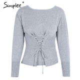 Simplee Waistband lace up knitted sweater women jersey Round neck casual knitting jumper Winter sweater pullover female 2017