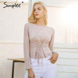 Simplee Waistband lace up knitted sweater women jersey Round neck casual knitting jumper Winter sweater pullover female 2017