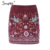 Simplee Vintage high waist skirts womens bottom Short boho style chic pencil skirt female Embroidery autumn sexy mini skirt