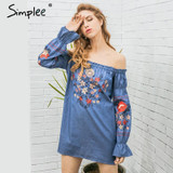 Simplee Vintage embroidery floral denim dress Women off shoulder long sleeve beach sexy summer dress 2017 Casual vestidos