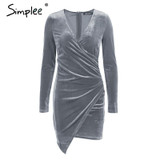 Simplee Velvet soft deep v neck bodycon dress Vintage autumn winter sexy dress women long sleeve Christmas party dress vestidos