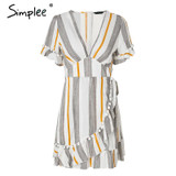 Simplee V neck stripe ruffle summer dress women Wrap style cotton short dress 2018 Streetwear casual dress female vestidos