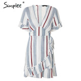 Simplee V neck stripe ruffle summer dress women Wrap style cotton short dress 2018 Streetwear casual dress female vestidos