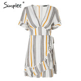 Simplee V neck stripe ruffle summer dress women Wrap style cotton short dress 2018 Streetwear casual dress female vestidos