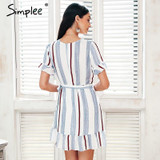 Simplee V neck stripe ruffle summer dress women Wrap style cotton short dress 2018 Streetwear casual dress female vestidos
