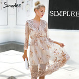 Simplee V neck long sleeve sequin party dresses women Sexy mesh streetwear casual midi dress female 2017 autumn dress vestido