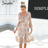 Simplee V neck long sleeve sequin party dresses women Sexy mesh streetwear casual midi dress female 2017 autumn dress vestido