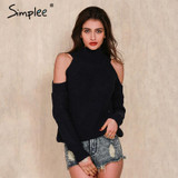 Simplee turtleneck off shoulder knitted sweater women Autumn fashion tricot pullover jumpers Winter sexy oversized sweater