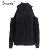 Simplee Turtleneck off shoulder knitted pullovers Sexy tricot cut sleeve sweater women Winter casual oversized jumper