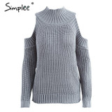Simplee Turtleneck off shoulder knitted pullovers Sexy tricot cut sleeve sweater women Winter casual oversized jumper