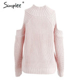 Simplee Turtleneck off shoulder knitted pullovers Sexy tricot cut sleeve sweater women Winter casual oversized jumper
