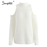 Simplee Turtleneck off shoulder knitted pullovers Sexy tricot cut sleeve sweater women Winter casual oversized jumper
