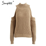 Simplee Turtleneck off shoulder knitted pullovers Sexy tricot cut sleeve sweater women Winter casual oversized jumper