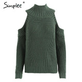 Simplee Turtleneck off shoulder knitted pullovers Sexy tricot cut sleeve sweater women Winter casual oversized jumper