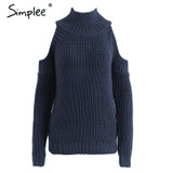 Simplee Turtleneck off shoulder knitted pullovers Sexy tricot cut sleeve sweater women Winter casual oversized jumper