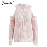 Simplee Turtleneck off shoulder knitted pullovers Sexy tricot cut sleeve sweater women Winter casual oversized jumper
