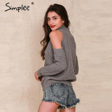 Simplee Turtleneck off shoulder knitted pullovers Sexy tricot cut sleeve sweater women Winter casual oversized jumper