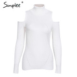 Simplee Turtleneck cold shoulder knitted sweater women Casual cotton streetwear pullover female Sexy autumn winter jumper 2017