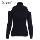 Simplee Turtleneck cold shoulder knitted sweater women Casual cotton streetwear pullover female Sexy autumn winter jumper 2017