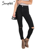 Simplee Summer style white hole ripped jeans Women jeggings cool denim high waist pants capris Female skinny black casual jeans