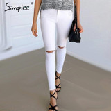 Simplee Summer style white hole ripped jeans Women jeggings cool denim high waist pants capris Female skinny black casual jeans