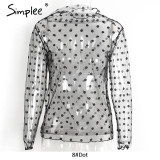 Simplee Transparent mesh blouse shirt women tops blusas Long sleeve blouse chemise femme Casual dot shirt feminine blouse summer