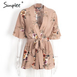 Simplee Summer beach floral print sexy jumpsuit romper Sexy v neck half butterfly sleeve overalls Streetwear playsuit leotard