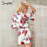 Simplee Summer beach floral print sexy jumpsuit romper Sexy v neck half butterfly sleeve overalls Streetwear playsuit leotard