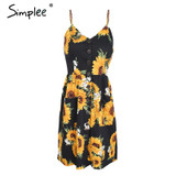 Simplee Strap v neck summer dress women Sunflower print backless casual dress vestidos Smocking high waist midi dress female