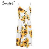 Simplee Strap v neck summer dress women Sunflower print backless casual dress vestidos Smocking high waist midi dress female