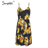 Simplee Strap v neck summer dress women Sunflower print backless casual dress vestidos Smocking high waist midi dress female