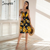 Simplee Strap v neck summer dress women Sunflower print backless casual dress vestidos Smocking high waist midi dress female