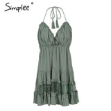 Simplee Strap backless mini summer dress women V neck tassel sexy lace white dress female 2018 streetwear beach dress vestidos