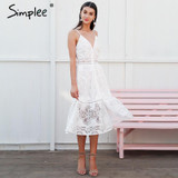 Simplee Strap backless long summer dress women V neck button sexy lace dress female Streetwear casual white dress vestidos 2018 Simplee Strap backless long summer dress women V neck button sexy lace dress female Streetwear casual white dress vestidos 2018