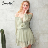 Simplee Short chiffon vintage dress women Off shoulder long sleeve beach summer dress Ruffle sexy dress new year vestido